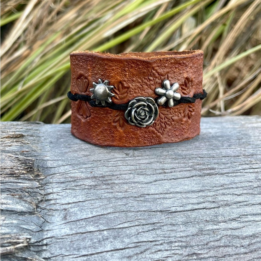Brown Leather Cuff Bracelet with Silver Accents